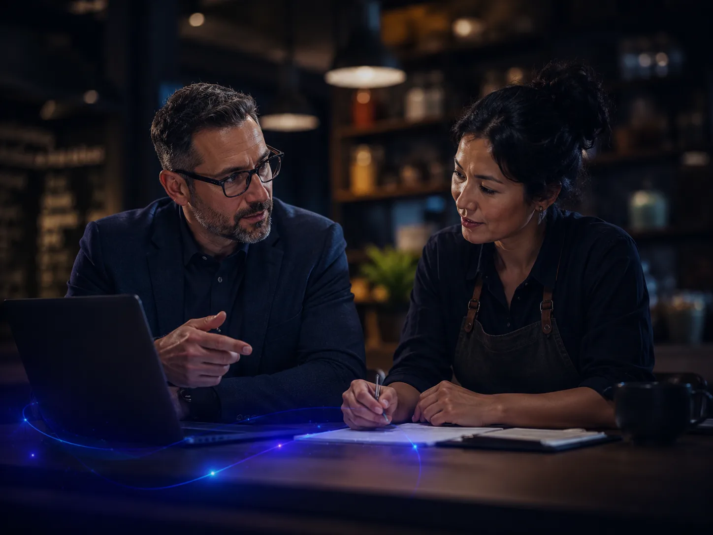 Two people discussing plans together at a table.
