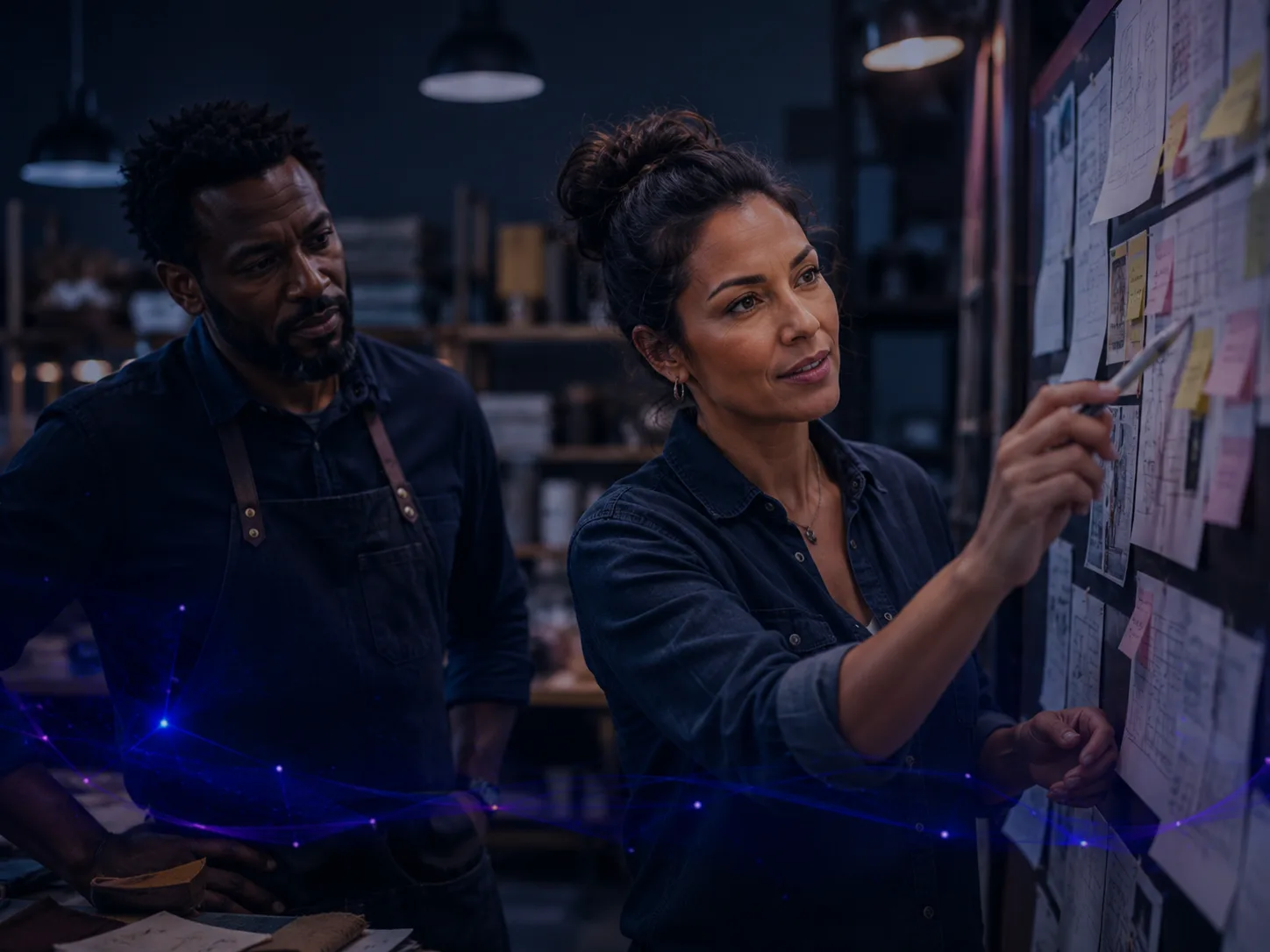 Two people reviewing a plan board in a workshop.