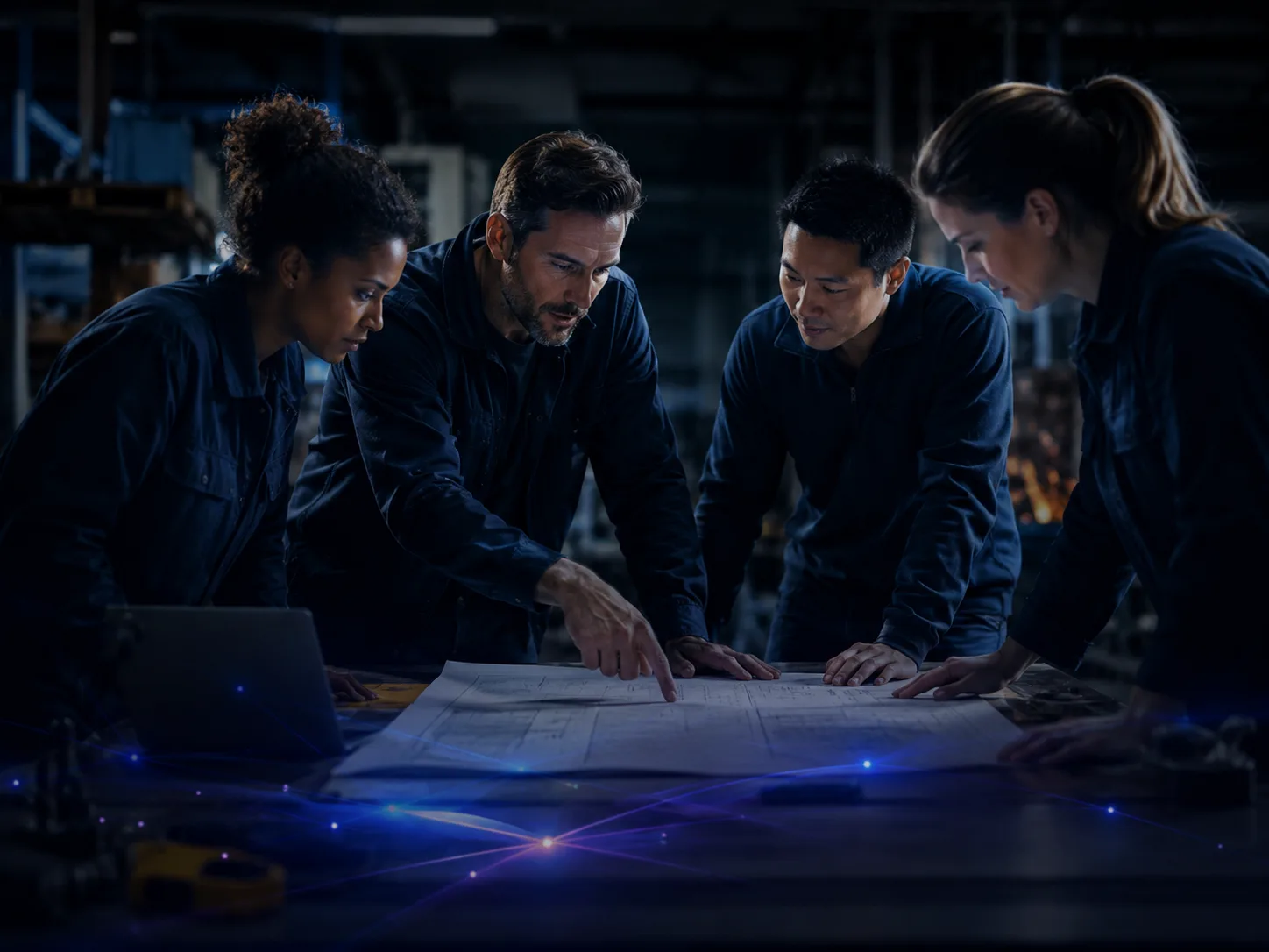 A team reviewing plans around a worktable.