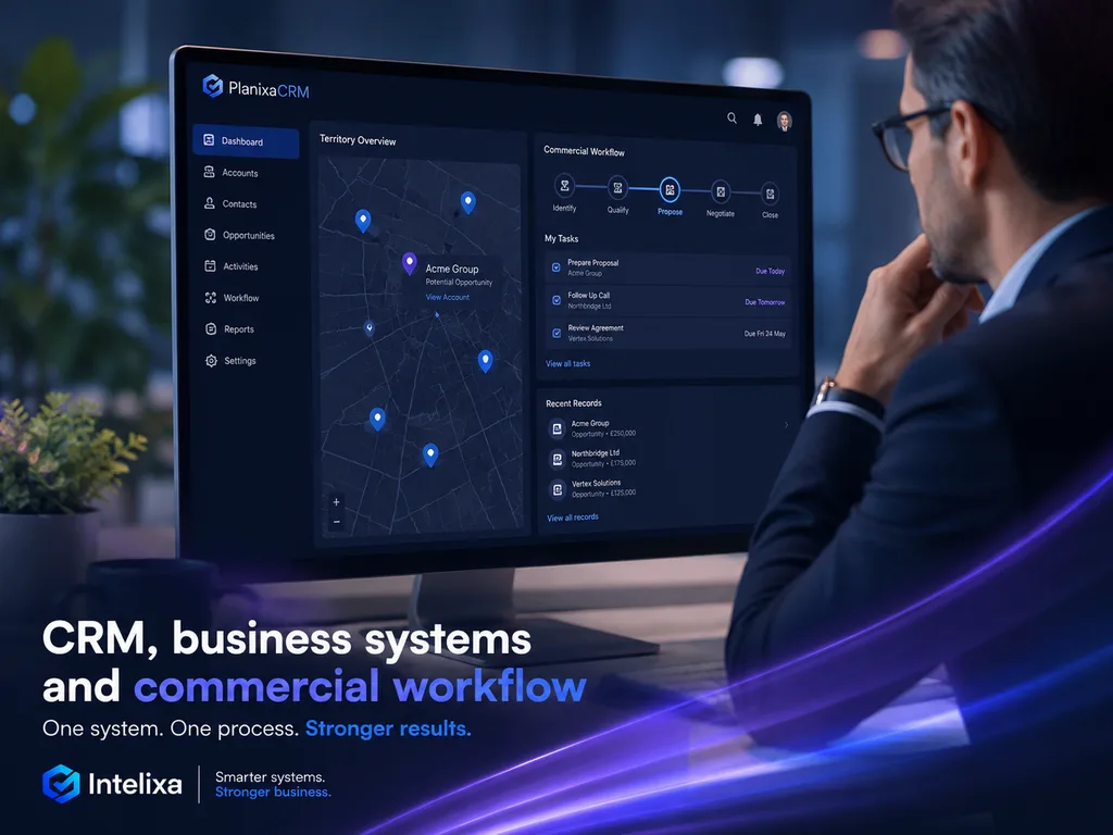 Business owner reviewing a map-based CRM and workflow dashboard.
