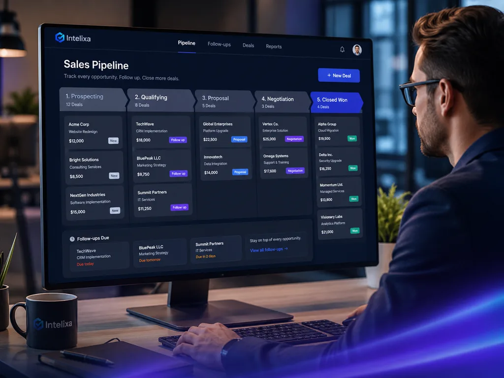 Business owner reviewing a sales pipeline on a large monitor.