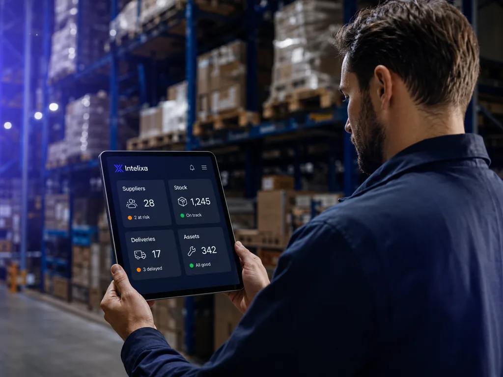 Worker reviewing stock, supplier and delivery status in a warehouse.