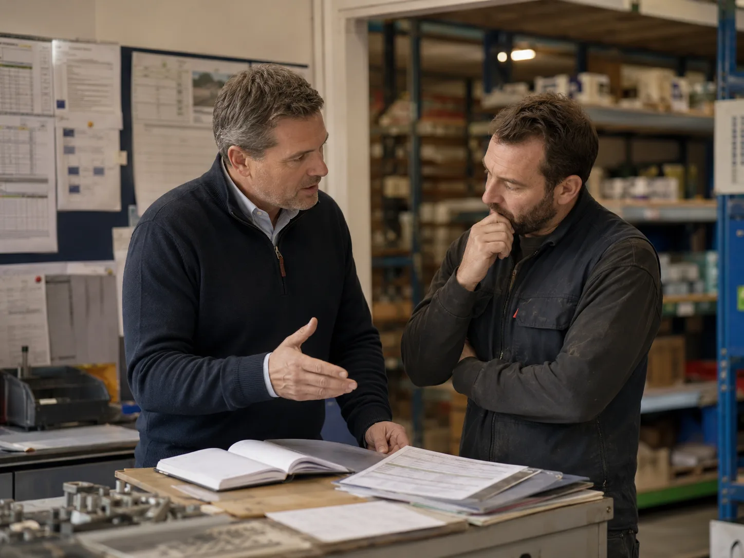Business owner and adviser discussing commercial priorities and practical planning.