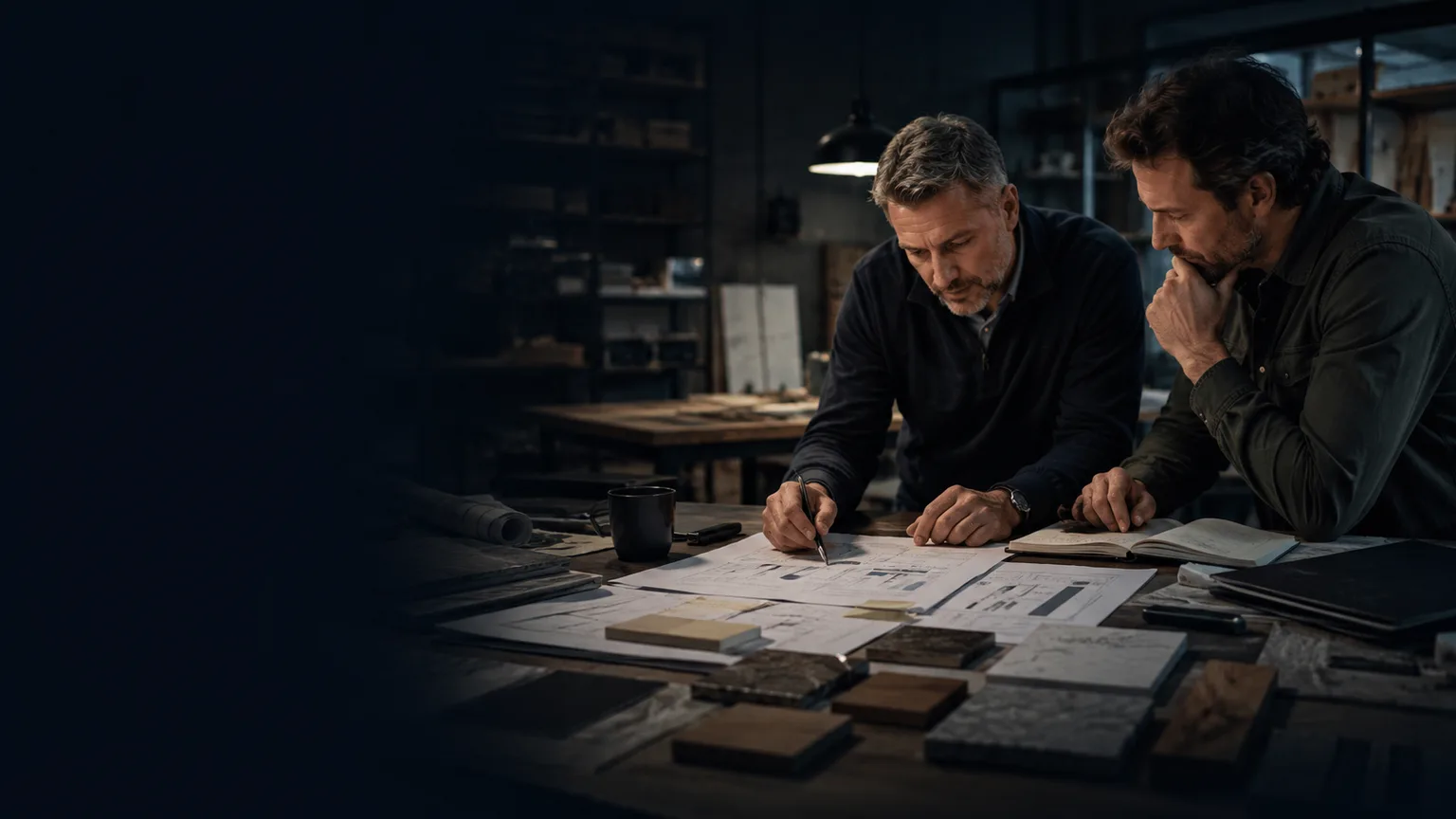 Two people reviewing practical commercial plans and materials in a workshop setting.