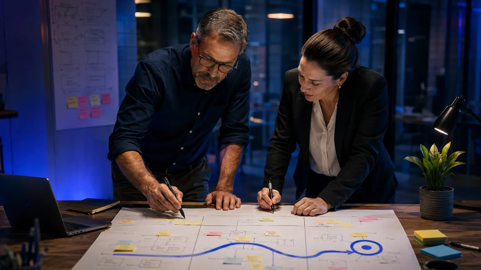 Experienced adviser and business owner reviewing a practical planning sheet and identifying a clear next step.
