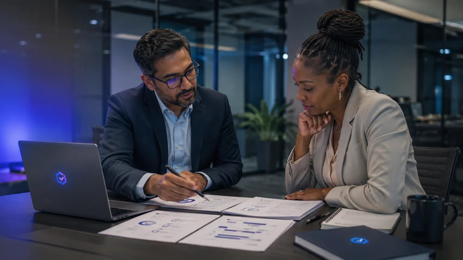 Experienced adviser and business owner reviewing a project brief and practical planning documents together.