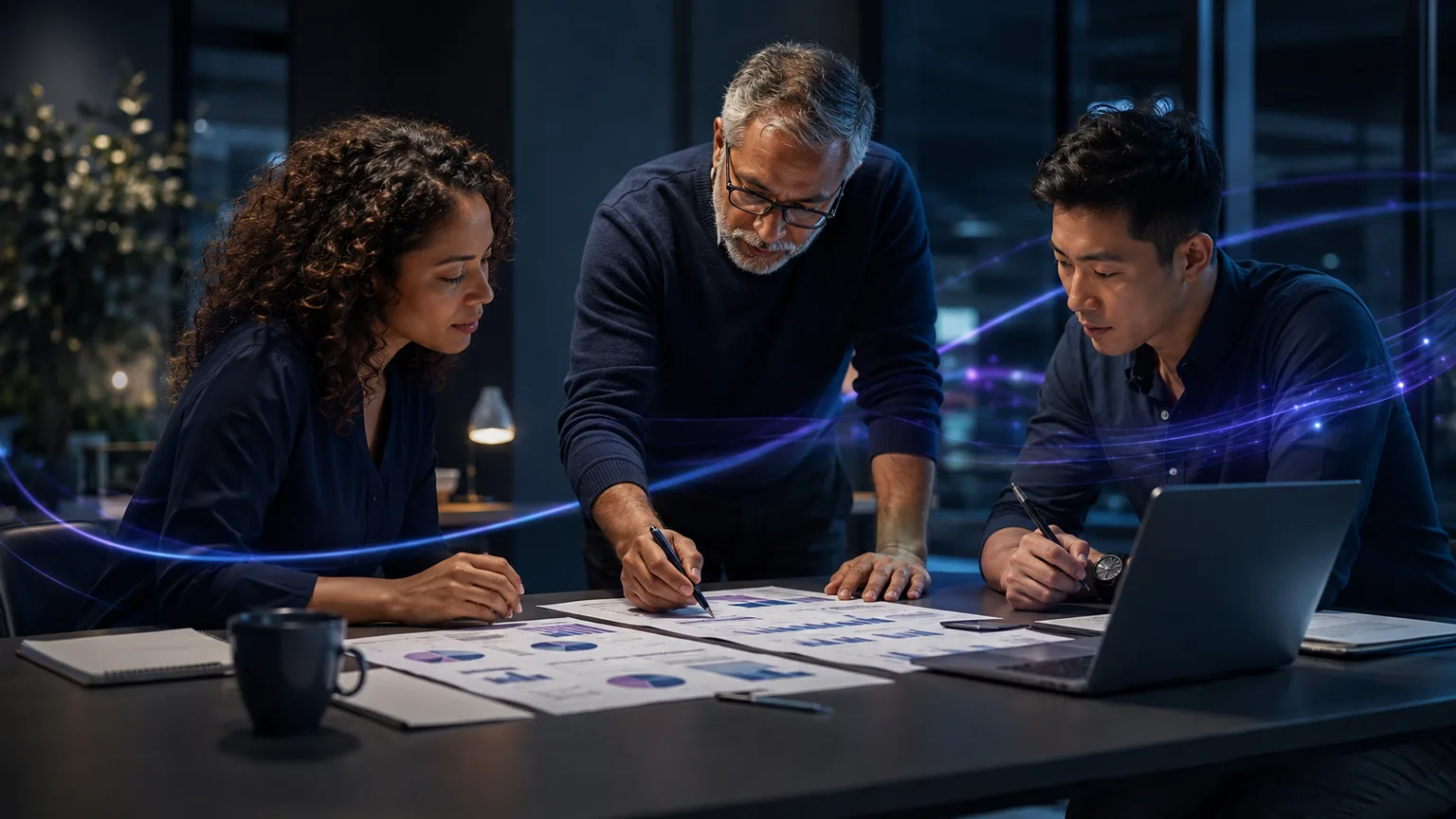 Three people reviewing printed reports and planning material around a worktable.