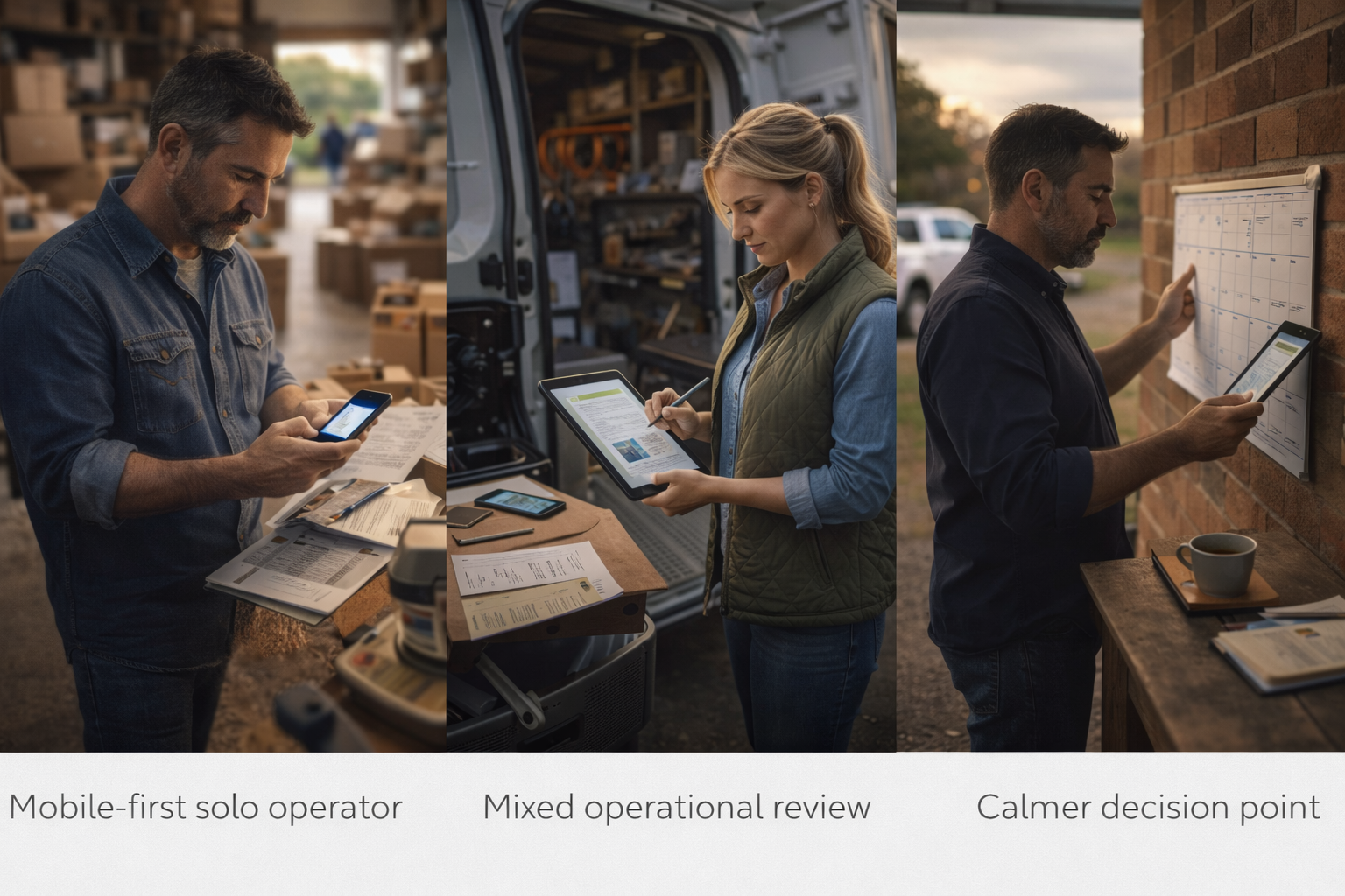 Three scenes: how enquiries, tools, and follow-through connect in real working environments, including owner-led settings.