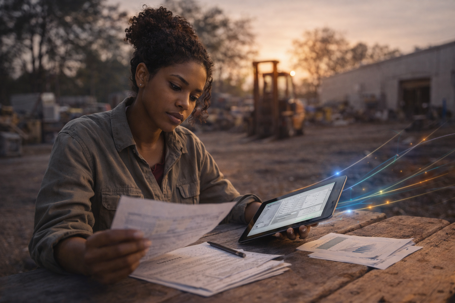 Young Black woman reviewing on a tablet outdoors