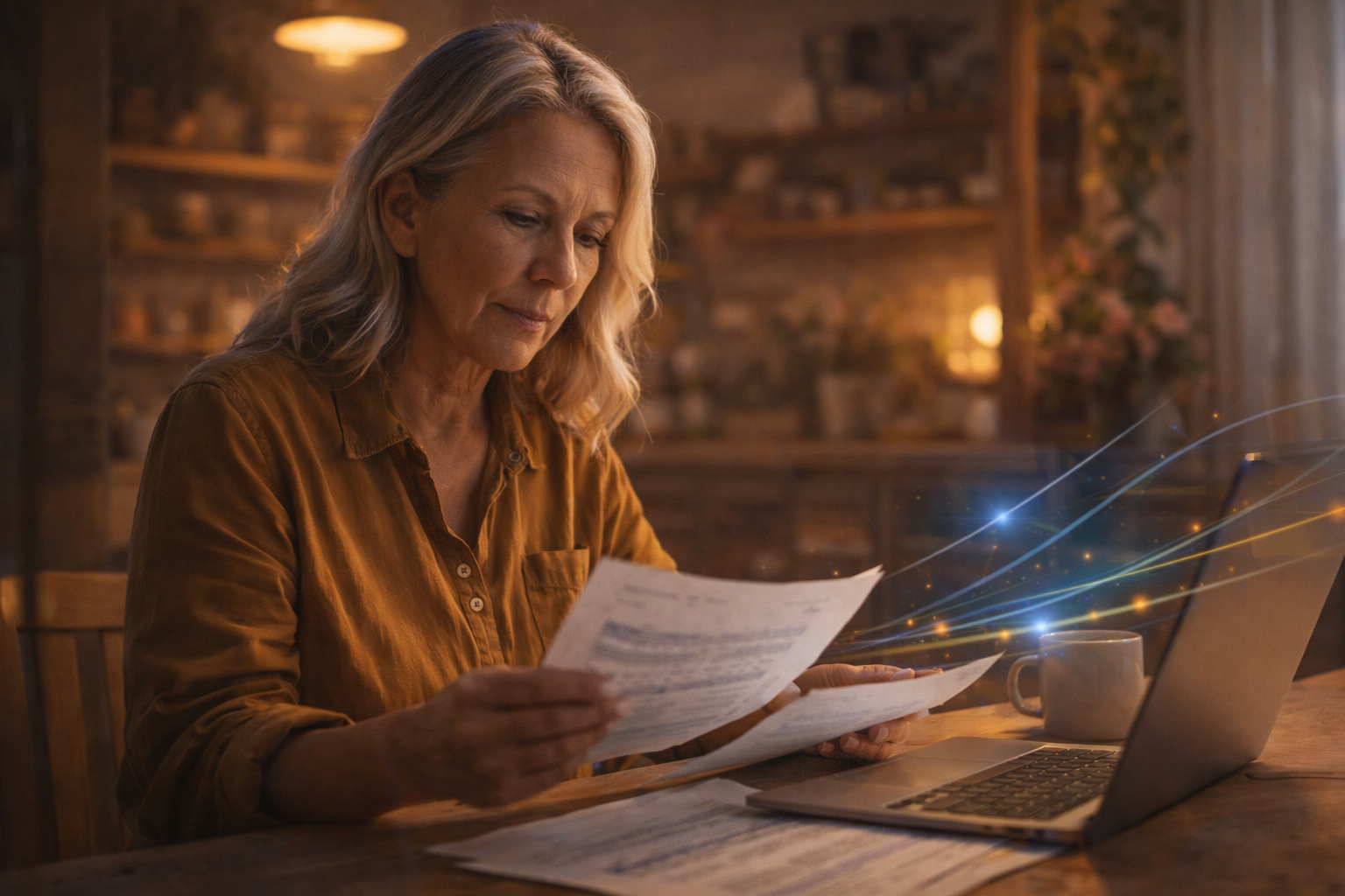 Older white woman reviewing in a warm indoor setting