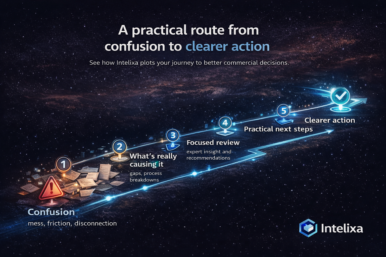Landscape infographic of a five-step route from confusion to clearer action, with numbered stages along a path