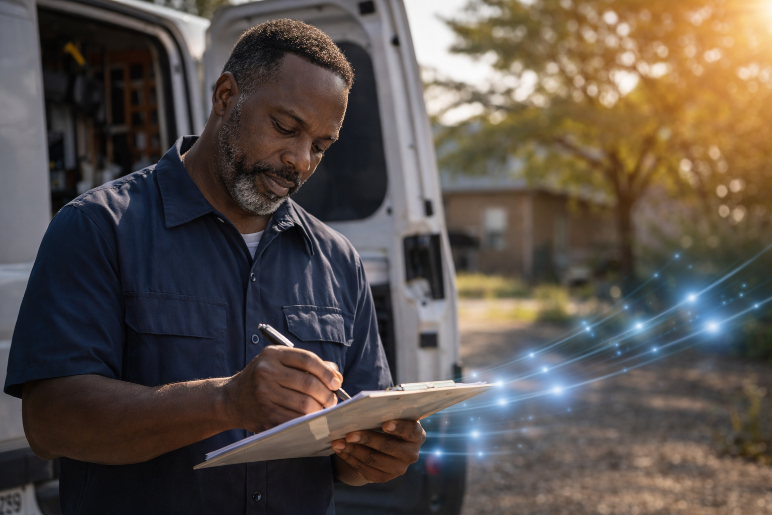 On-site review beside a work van: a Black professional with a clipboard, with subtle Intelixa blue and cyan digital accents