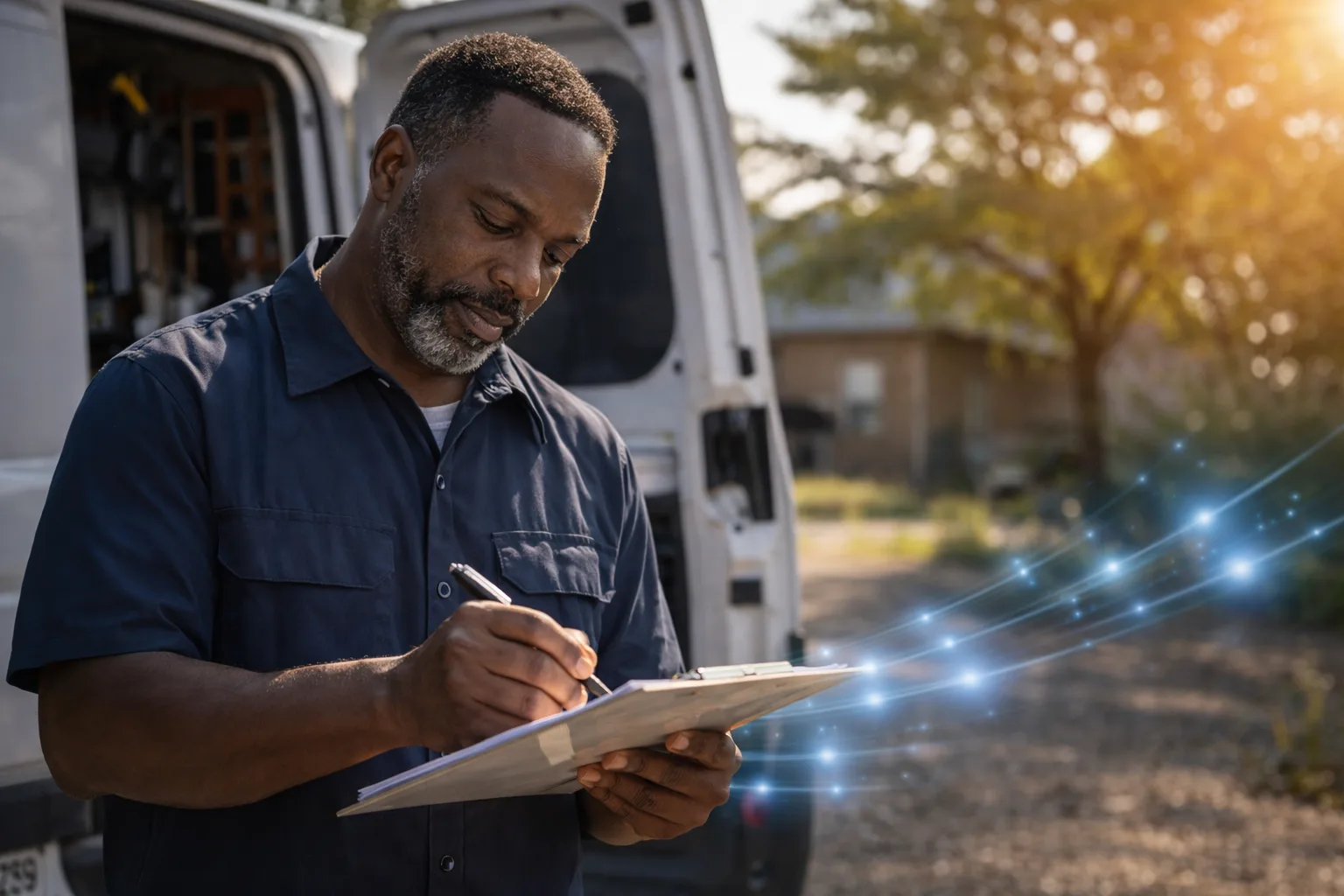 On-site review beside a work van: a Black professional with a clipboard, with subtle Intelixa blue and cyan digital accents
