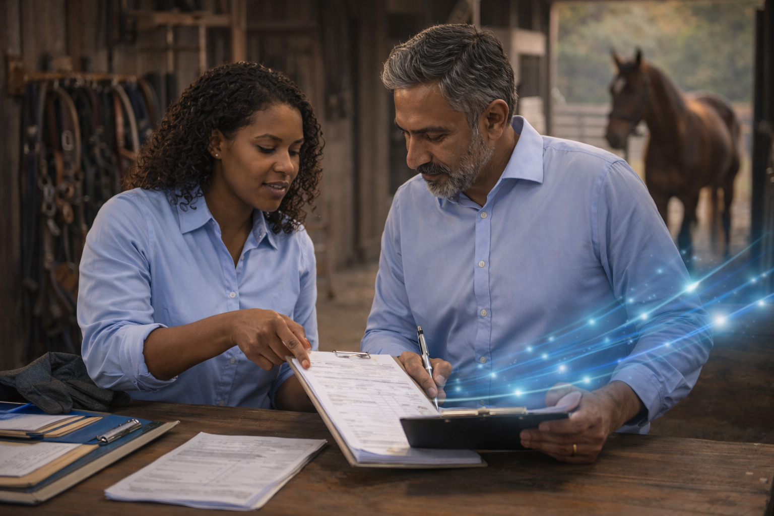 Two colleagues reviewing clipboards at a workbench in a rustic, equine-adjacent setting, a younger Black woman and an older South Asian man, with subtle Intelixa blue and cyan digital accents