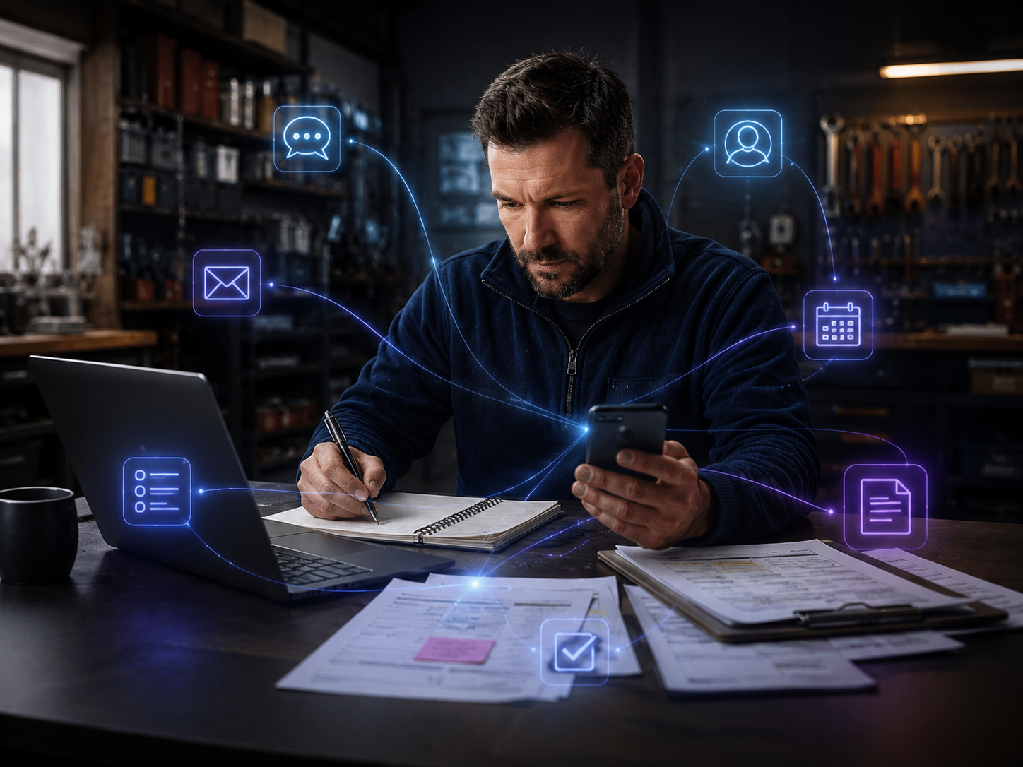 Business owner reviewing enquiries, notes and digital messages across a laptop, phone and paperwork.