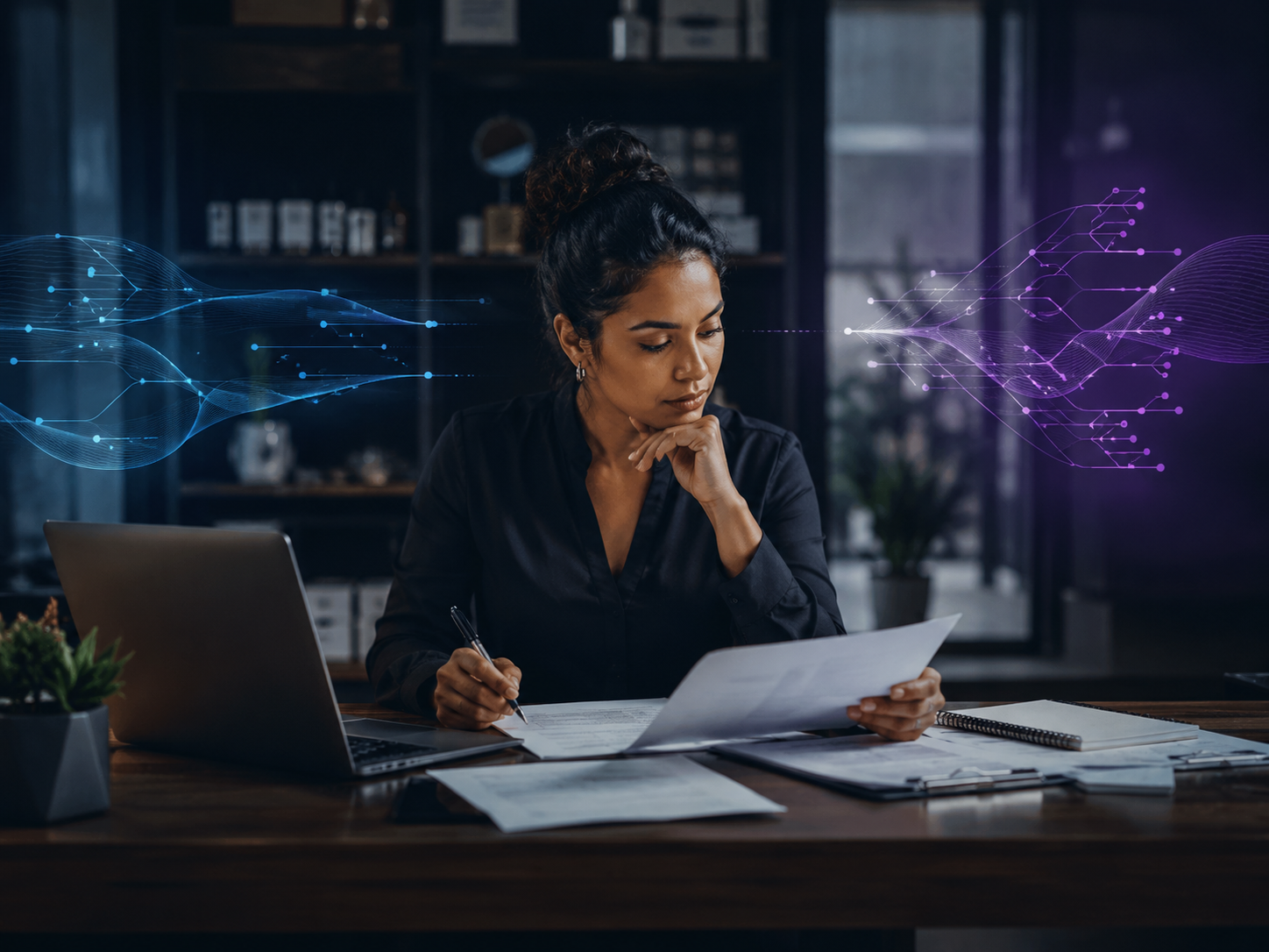 Business owner reviewing documents and workflow information while separating business signals into clearer routes.