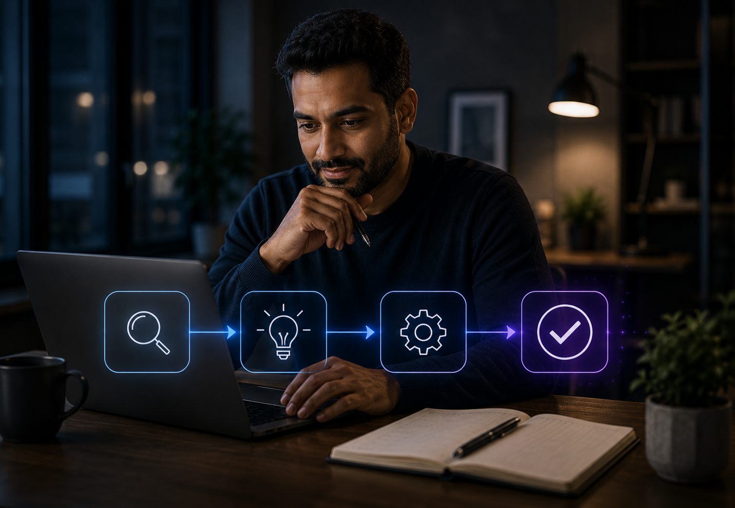 Business owner reviewing work on a laptop with a clear step-by-step path from review to confident action.