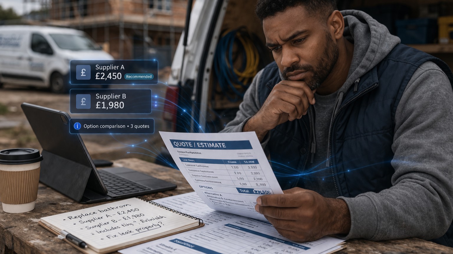 Business documents and cost notes being reviewed before a spending decision