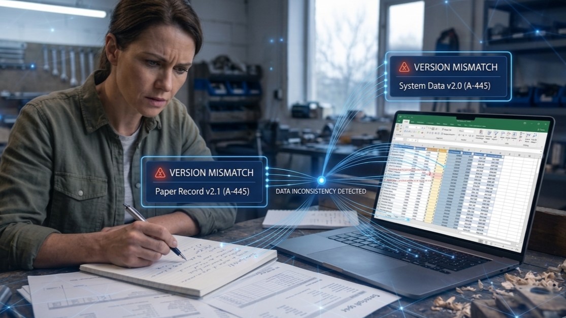 Spreadsheet and process notes showing disconnected information across a business workflow