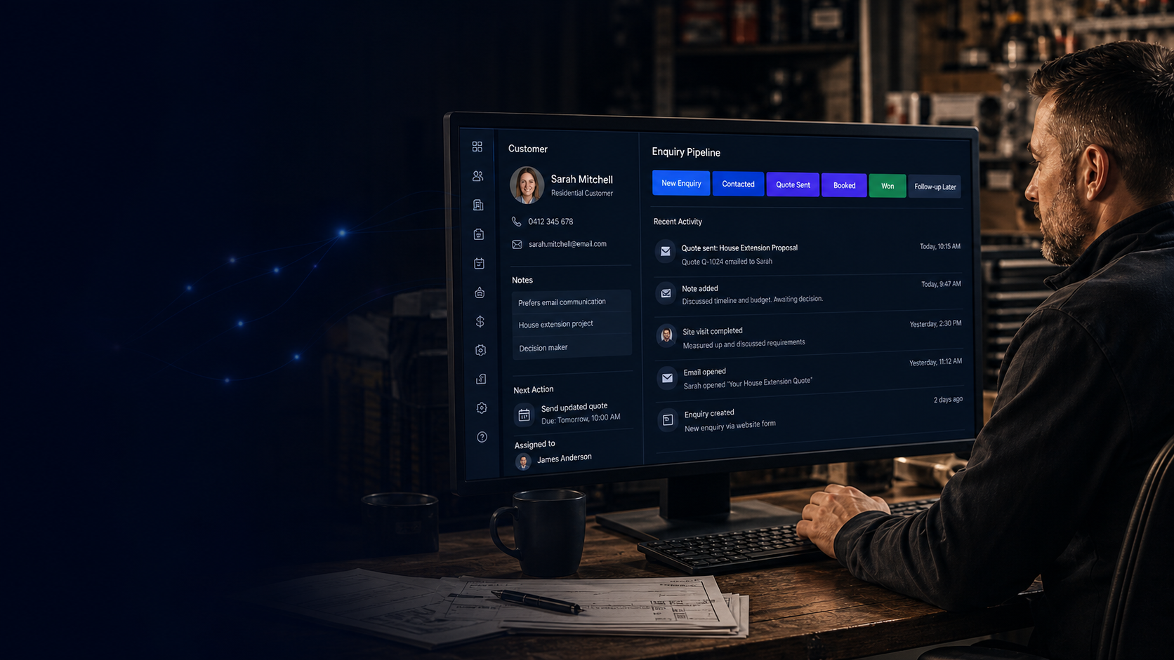 Owner reviewing a CRM dashboard for enquiries and follow-up.