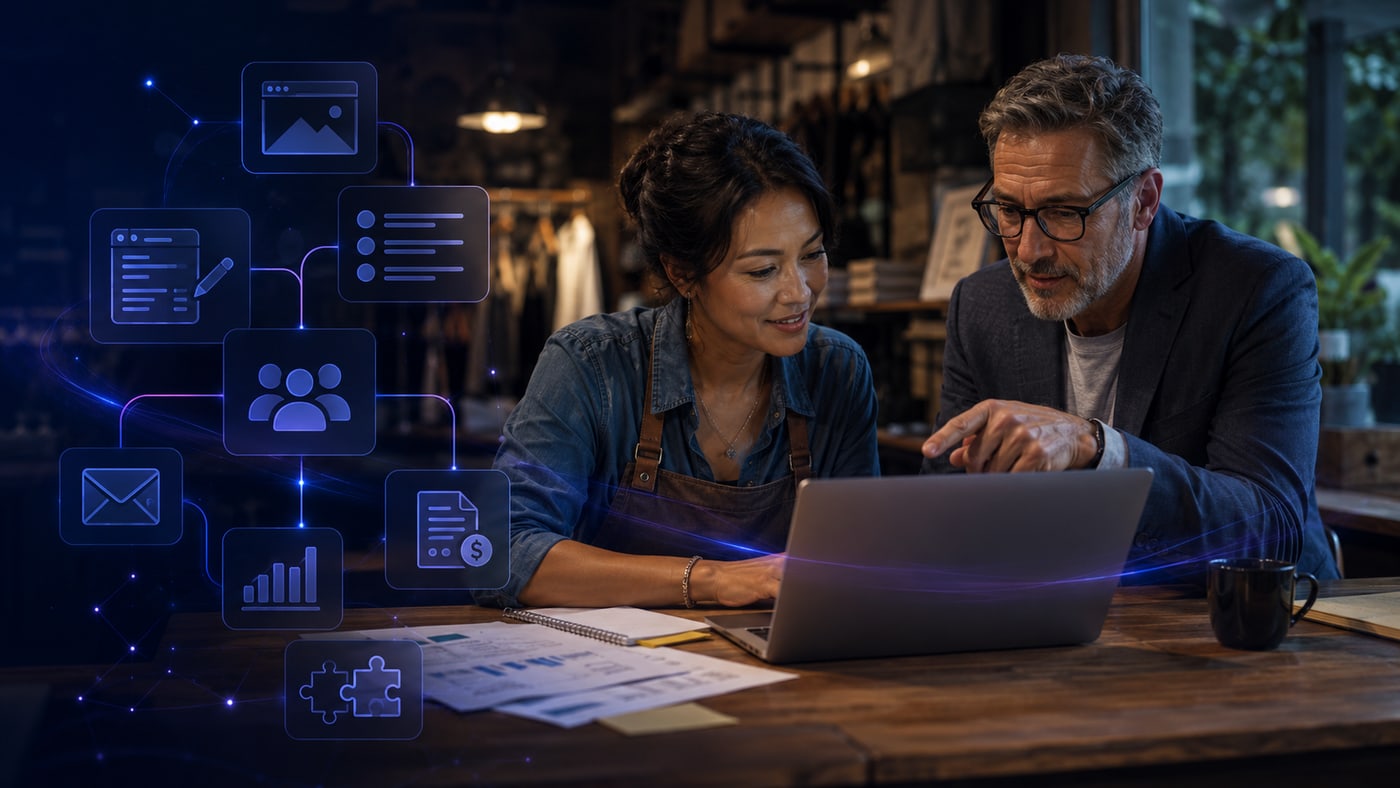 Business owner and adviser reviewing connected enquiry, records and workflow areas on a laptop