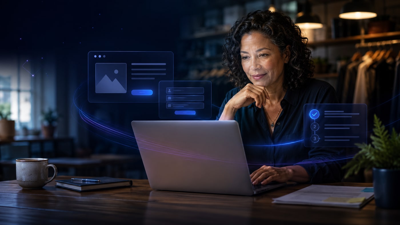 Business owner reviewing website and enquiry form clarity on a laptop, with a subtle digital workflow overlay
