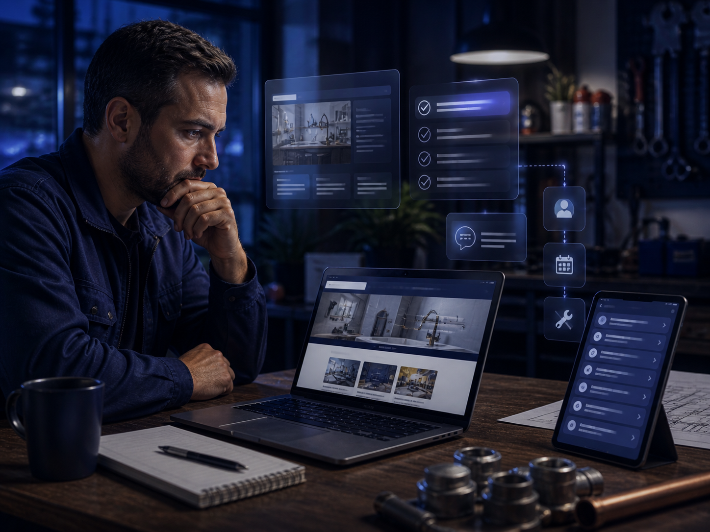 Small business owner reviewing notes and phone before committing to a full website project.