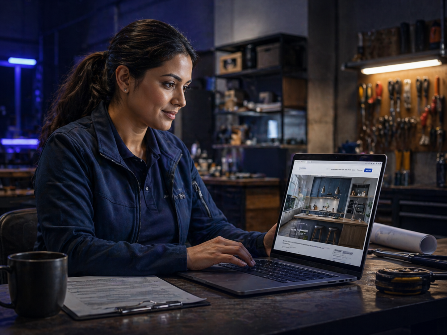 Small business operator reviewing website content on a laptop in a practical workspace.